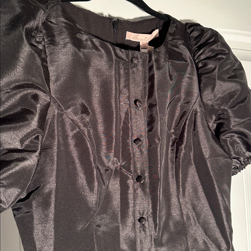 Anthropologie Hutch Cove Black Boat Neck Button Front Puff Sleeve Mini Dress - Picture 5 of 9